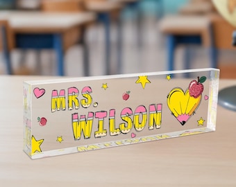 Personalized Teacher Name Plate: Custom Acrylic Desk Sign with Wood Base