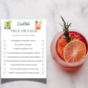 Cocktail Trivia Game | True or False | Cocktail Knowledge Quiz Game | Printable Cocktail Party Trivia Game | Cocktail Party Games