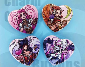 Charm Champions | Heart Shaped Pin | Rakan Evelynn Ahri Seraphine| Button | League of Legends | LoL