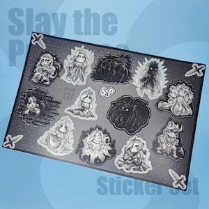 May include: A set of 12 black and white stickers featuring a variety of characters and designs. The stickers are on a gray background with the text "Slay the Princess" and "Sticker Set".