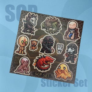 May include: A set of 10 colorful stickers featuring characters from the SCP Foundation. The stickers are on a white background with the text "SCP Set" and "Sticker Set".