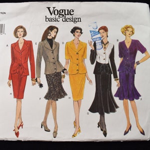 May include: Vogue Basic Design sewing pattern number 1310 for sizes 12-14-16. The pattern shows five different skirt and jacket combinations in red, beige, yellow, black, and purple.