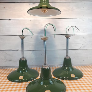 Green 1940s Porcelain Benjamin Pendant Light: 12" Industrial Enamel (Sold Individually)