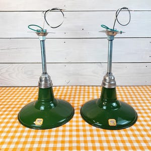 Vintage Green Porcelain Farmhouse Light Fixture Pair: 12&quot; Benjamin NOS Industrial Decor