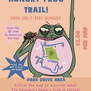 Puede incluir: Un cartel para The Heinously Hungry Frog Trail del 24 de julio al 31 de agosto. Muestra una rana verde con una barriga rosa que contiene un mapa de King Georges Park y las calles circundantes. El texto incluye instrucciones para escanear un código QR.