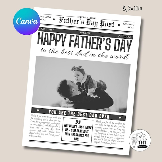 Father's Day Newspaper Template, Personalized Gift Card for Grandparents Digital, Daddy and Me Fathers Day Poster Download Editable Canva