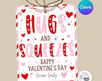 Hugs and Squeezes Valentines Tag, Class Treat, Preschool Classroom Applesauce Pouch Tag, Editable Canva