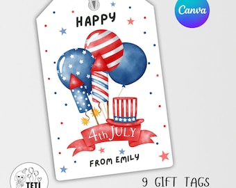 4th of July Gift Tag Printable, Happy 4th of July Editable Tag, Patriotic Red White Blue Stars, DIY Party Favor Instant Download CANVA