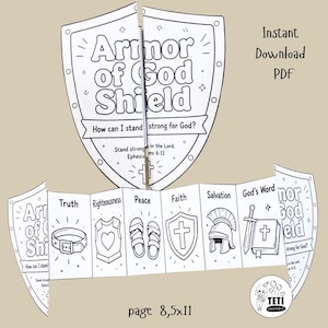 Manualidad del escudo de la armadura de Dios para niños, Biblia cristiana imprimible, Actividad para colorear, recortar y doblar de Efesios 6:11, PDF para la escuela dominical