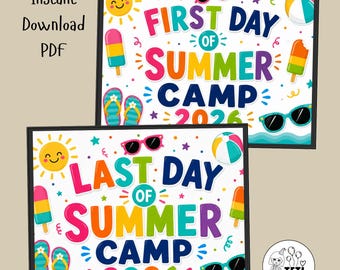 Placas para o primeiro e último dia do acampamento de verão de 2026, adereço para fotos de acampamento infantil, placa para acampamento de verão para imprimir e baixar instantaneamente em PDF.