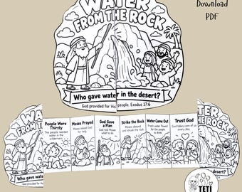 Manualidad bíblica "Agua de la roca" para niños, actividad para la escuela dominical sobre Éxodo 17:6, historia bíblica imprimible de Moisés, PDF plegable cristiano