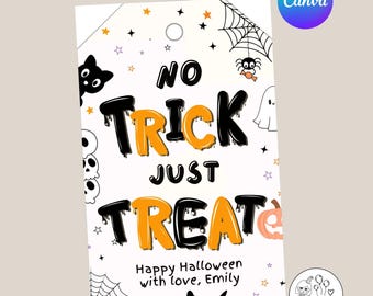 May include: A white Halloween-themed gift tag with the text "NO TRICK JUST TREAT" in black and orange. The tag features a black cat, spider web, ghost, and stars. The text "Happy Halloween with love, Emily" is also included.