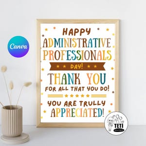 Editable Administrative Professionals Day Sign printable, Thank You Card for Admin Staff, Office Appreciation card Gift Digital Canva