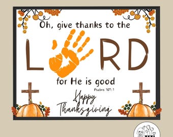 Christian Thanksgiving Handprint Art Craft Fall Printable, Give Thanks Bible Verse Activity Sunday School Craft