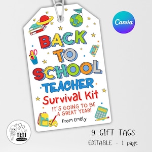 Back to School Survival Kit Tag Editable Emergency 1st Day of School Gift for Teacher Staff Appreciation Gift Principal PTO Editable Canva