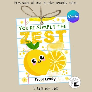 Könnte beinhalten: Ein druckbares Etikett mit Zitronen-Thema. Das Etikett zeigt den Text "YOU'RE SIMPLY THE ZEST" in Gelb sowie eine Cartoon-Zitronen-Illustration. Das Etikett ist zum Personalisieren gedacht und enthält den Text "From Emely".