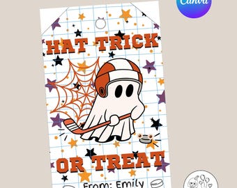 Hockey Halloween Treat Tag,  Hockey Team Treat Tag Hat Trick or Treat Halloween Hockey Party Favor Tag Editable Canva