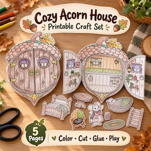 Könnte beinhalten: Ein druckbares Bastelset mit dem Titel Cozy Acorn House, bestehend aus einem eichelförmigen Papierhaus mit zu öffnenden Türen, Innenräumen, einer Mausfigur, Möbeln und Zubehör. Das Set enthält 5 Seiten zum Ausmalen, Ausschneiden und Spielen.