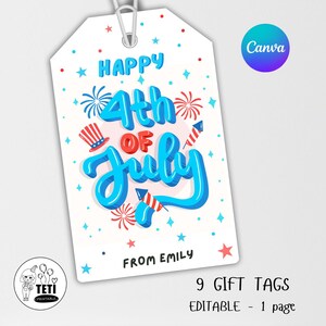 4th of July Gift Tag Printable, Happy 4th of July Editable Tag, Patriotic Red White Blue Stars, DIY Party Favor Instant Download CANVA