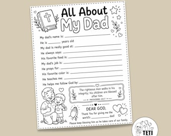 All About My Dad Printable Christian Father's Day Prayer Worksheet for Kids Sunday School Craft PDF