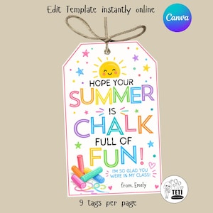 Krita full av roliga sommarpresentetiketter, presentetikett för elev vid skolslut, presentetikett för sista skoldagen, mall för Canva