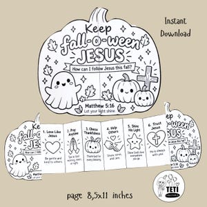 May include: A black and white printable coloring activity sheet shaped like a pumpkin. It features the text Keep fall-o-ween JESUS, How can I follow Jesus this fall?, and Matthew 5:16. It includes a fold-out section with six numbered steps.