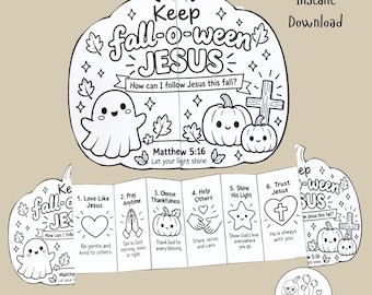 May include: A black and white printable colouring activity sheet shaped like a pumpkin. It features the text Keep fall-o-ween JESUS, How can I follow Jesus this fall?, and Matthew 5:16. It includes a fold-out section with six numbered steps.