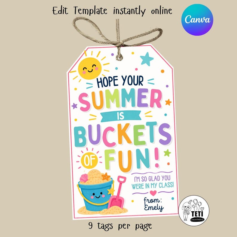 Summer is Buckets of Fun Gift Tag, End of School Year Student Gift Tag ...