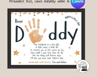 Father's Day Handprint Art, My Daddy Poem Gift for Dad Papa, Fathers Day Gift Toddler Activity, Baby handprint craft Gift EDITABLE Canva