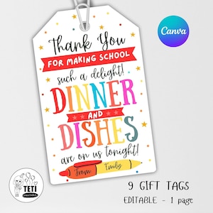 Etichetta regalo modificabile per cena e piatti per insegnanti, etichetta di apprezzamento per il personale di fine anno stampabile, etichetta regalo per carta regalo per ristorante PTA e PTO della scuola su Canva