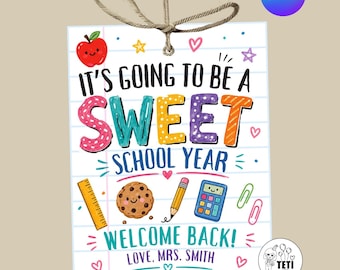Süßes Schuljahr Geschenkanhänger, bearbeitbares Canva Zurück zu Schultags, Willkommen zurück Schüler Geschenk, Lehrer Leckerlieumschlag, druckbare Schulbevorzugung Canva