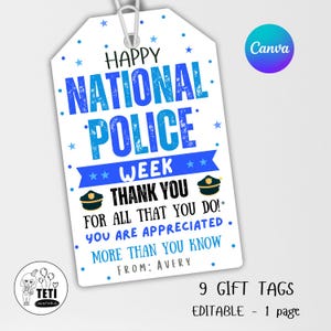 Op de afbeelding: Een wit cadeaulabel met blauwe tekst met de tekst "Happy National Police Week". Het label bevat de tekst "Thank You" en "For All That You Do!" met een politiepet-afbeelding. Het label is van Avery.