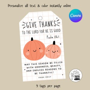 Give Thanks Bible Verse Tag, Fall Thanksgiving Teacher Blessing Card, Christian Sunday School Volunteer Gift, Canva Editable