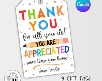Editable Teacher Appreciation Week Gift Tags, Thank You Teacher Gift Tag, School Party Favor Printable Label Template Canva