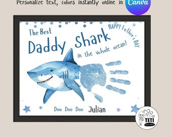 Father's Day Handprint Art, Best Daddy Shark Gift for Dad Papa, Fathers Day Gift Toddler Activity, Baby handprint craft Gift EDITABLE Canva