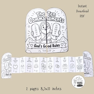 May include: A black and white printable coloring page featuring The Ten Commandments with an illustration of a figure holding stone tablets. The design includes a fold-out section listing ten rules with icons and text, measuring 8.5 by 11 inches.