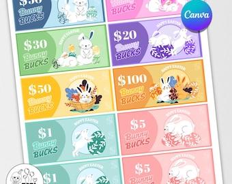 Editable Easter Bunny Bucks Printable, Easter Money Dollar Bills template, Kids Easter Activity Bunny Coupon, Editable Canva