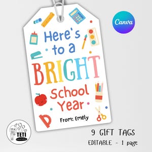 Back to School Tags, Here&#39;s to a Bright School Year Tag, Printable 1st Day of School Gift Tag, School Favor Gift Tag Download Editable Canva
