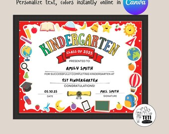 Editable Kindergarten Graduation Certificate, Kindergarten Graduation Diploma Printable Digital Download Canva