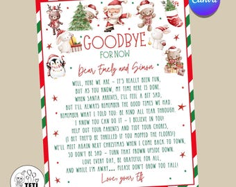 May include: A Christmas-themed printable letter with illustrations of Santa Claus, reindeer, and teddy bears. The letter is framed with red and green stripes and includes the text "Goodbye for Now" and a personalized message. The paper measures 21.59 x 27.94 cm.