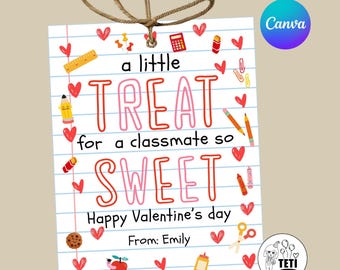 Classmate Valentines Treat Tag, Kids Classroom Valentine Tags, School Favor Tags Editable Canva