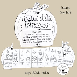 Puede incluir: Una hoja de actividades imprimible en blanco y negro titulada The Pumpkin Prayer, con el contorno de una calabaza, un texto de oración y una sección desplegable con ocho ilustraciones numeradas y versículos bíblicos. Tamaño 8,5x11 pulgadas.