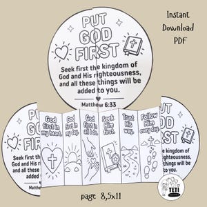 Manualidad bíblica plegable "Pon a Dios primero", actividad cristiana para colorear para niños, imprimible para la escuela dominical Mateo 6:33, manualidad con versículo bíblico en PDF.