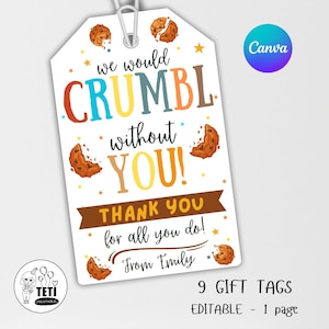 Tag modificabile per insegnanti con biscotti, tag di apprezzamento per insegnanti "Cremeremmo senza di te", tag di apprezzamento per insegnanti con biscotti Canva con dipendenti, infermieri e capi.