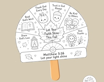 May include: A printable fan craft featuring a black and white line drawing with the text Let Your Faith Shine This Fall and Matthew 5:16 Let your light shine. The design includes a pumpkin, acorn, lantern, flower, and children illustrations.