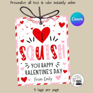 May include: A Valentine's Day gift tag with a red and pink design. The tag features a large red heart with the word "I" inside, and the word "SQUISH" in pink and red. The tag also says "YOU HAPPY VALENTINE'S DAY" and "From: Emily".