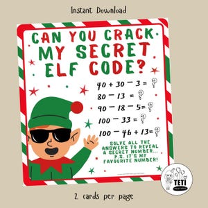 Könnte beinhalten: Eine druckbare Weihnachtskarte mit einem rot-grünen Rand. Die Karte zeigt den Text "CAN YOU CRACK MY SECRET ELF CODE?" und mathematische Aufgaben. Ein Elf mit Sonnenbrille ist ebenfalls abgebildet.