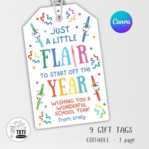 Editable Back to school Flair pen gift tag, Teacher gifts, First day Welcome staff coworkers new teacher gift tag printable Canva