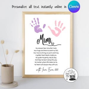Mimi Handabdruck Gedicht, Muttertag Handabdruck Kunst, Geschenk für Oma von Baby Kleinkind Kinder, Handwerk Aktivität Kinderkarte Andenken EDITIERBARE Canva