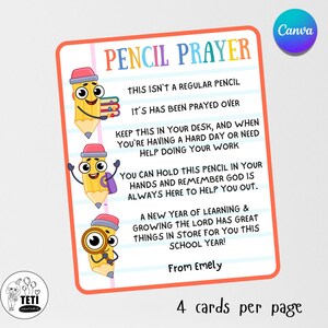 Pencil Prayer Tag, Back to School Blessing, Backpack Prayer, First Day of School Gift Tags, Christian School Gift Card Editable Canva